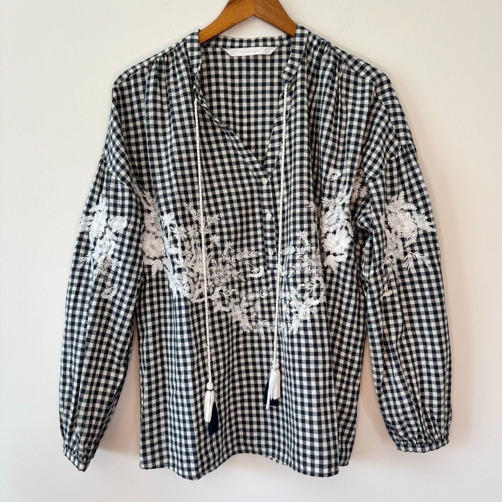 Zara Women's Black and Cream Embroidered Gingham Blouse Size Small